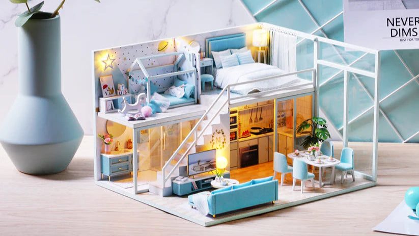 Serene Sky Blue Retreat: A Cozy Miniature Home with Pastel Accents & Starry Charm