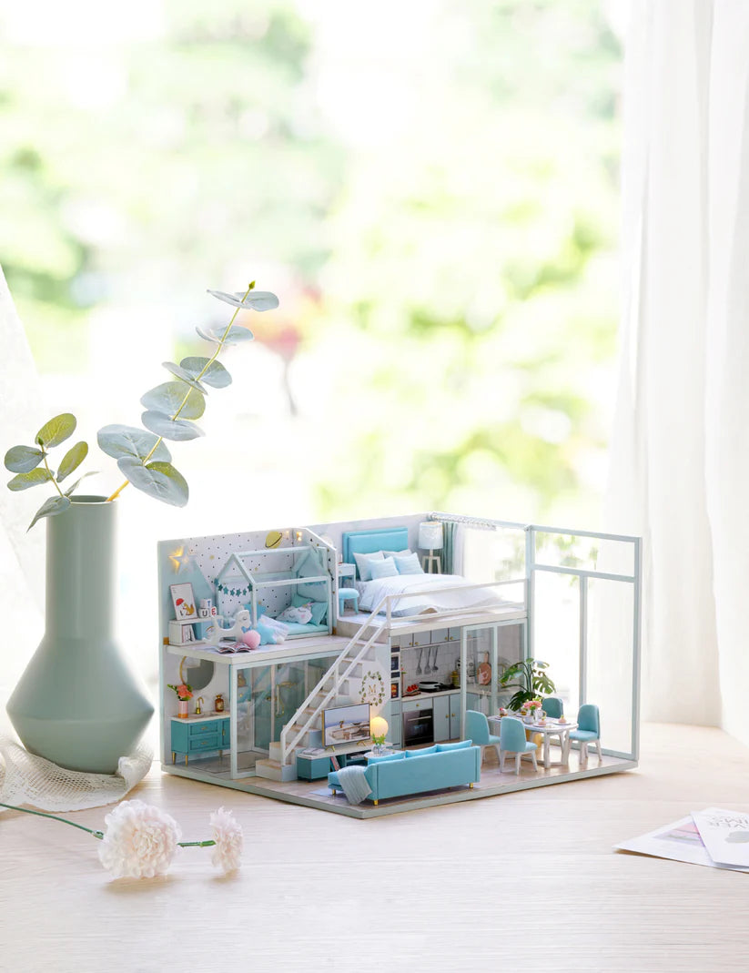 Serene Sky Blue Retreat: A Cozy Miniature Home with Pastel Accents & Starry Charm