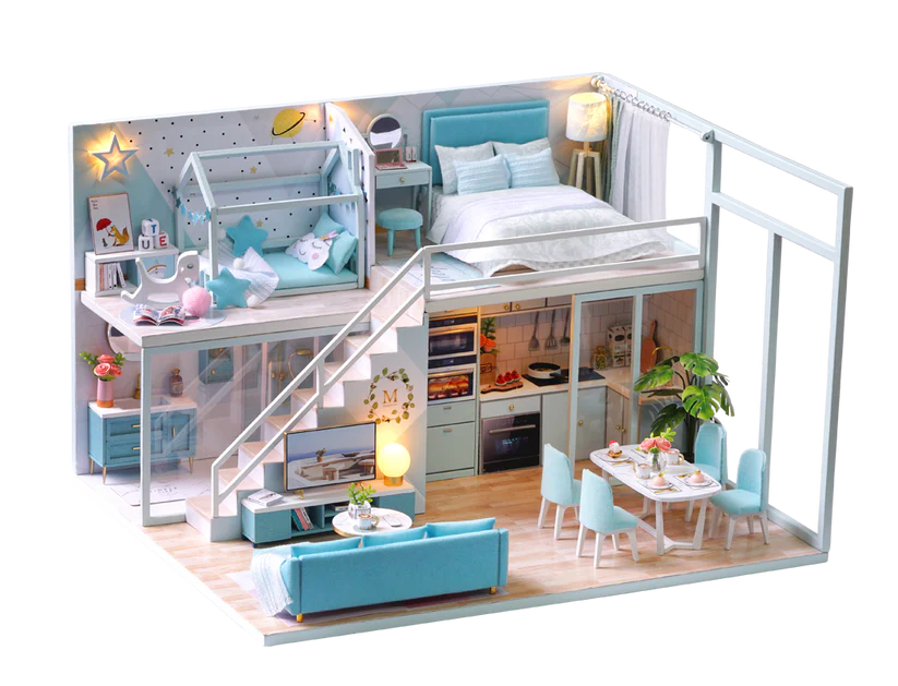 Serene Sky Blue Retreat: A Cozy Miniature Home with Pastel Accents & Starry Charm