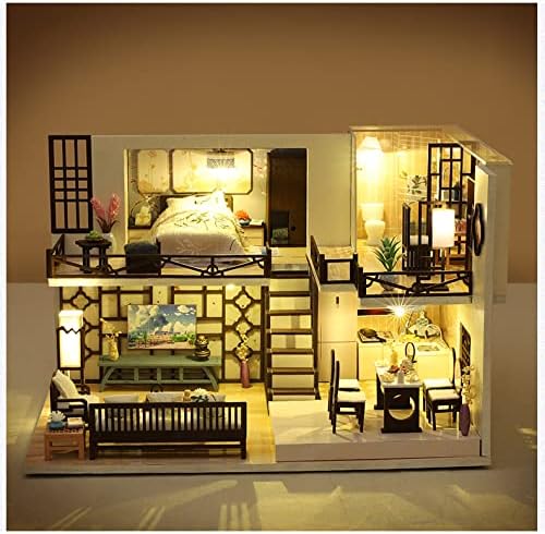 Oriental Serenity: Dark Wood Sofa, Lantern Lights & Golden Kitchen Charm - 1:24 Scale