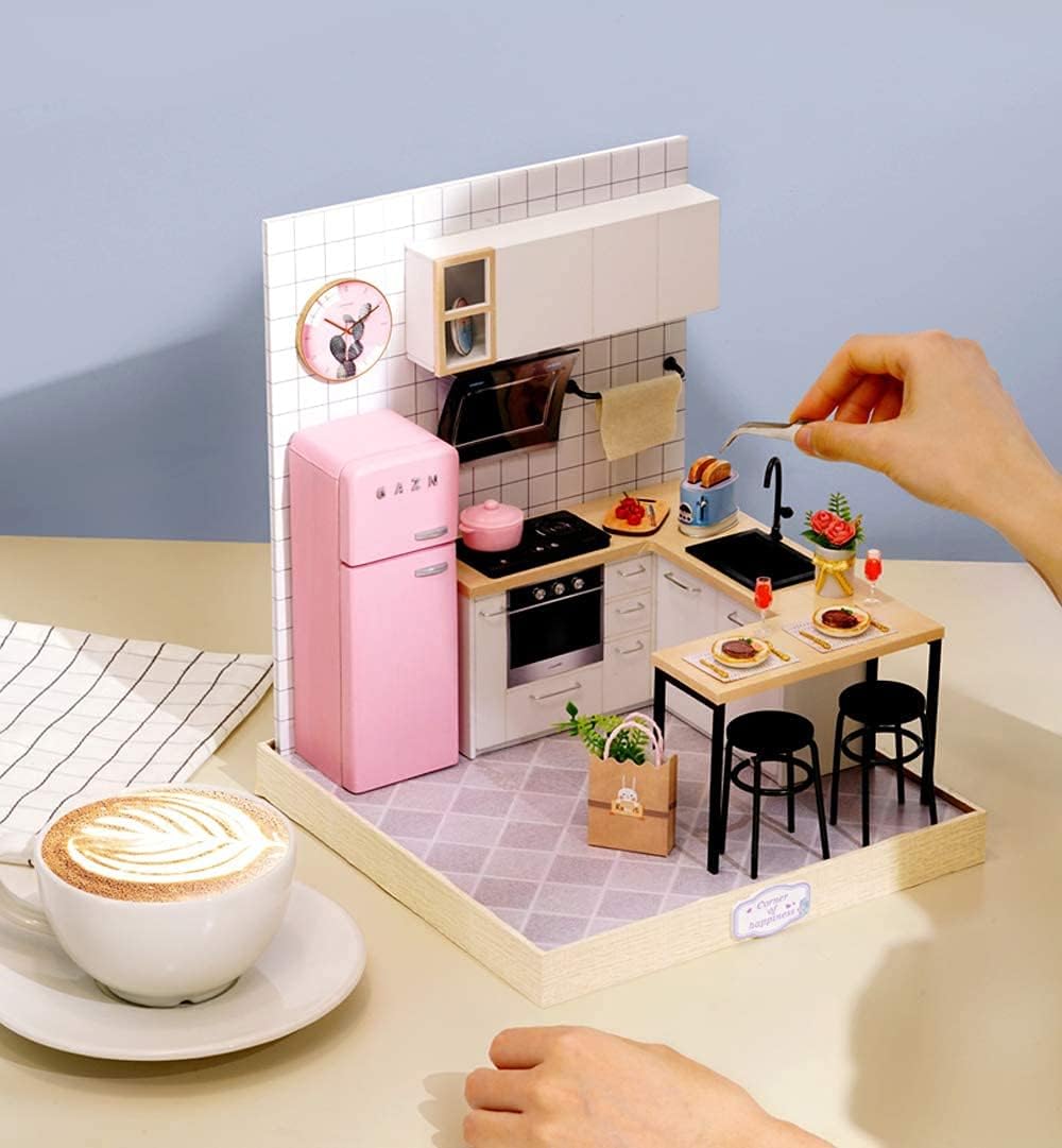 Cozy Kitchen Bliss: Miniature Breakfast Nook with Retro Fridge