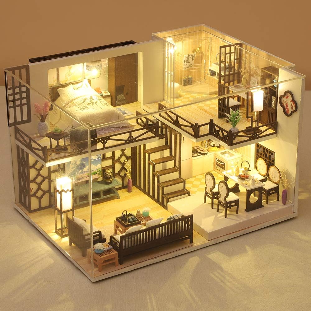 Oriental Serenity: Dark Wood Sofa, Lantern Lights & Golden Kitchen Charm - 1:24 Scale