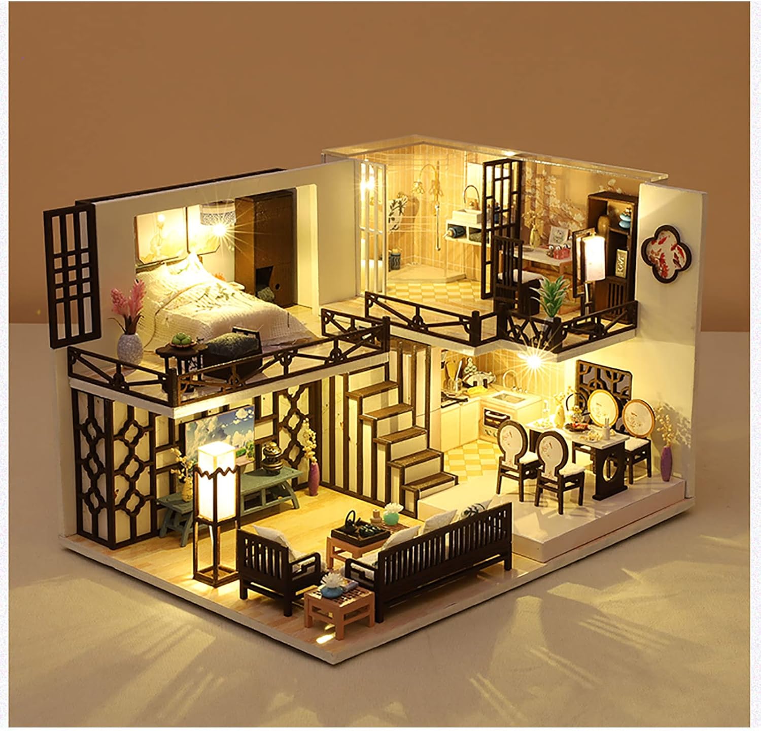 Oriental Serenity: Dark Wood Sofa, Lantern Lights & Golden Kitchen Charm - 1:24 Scale