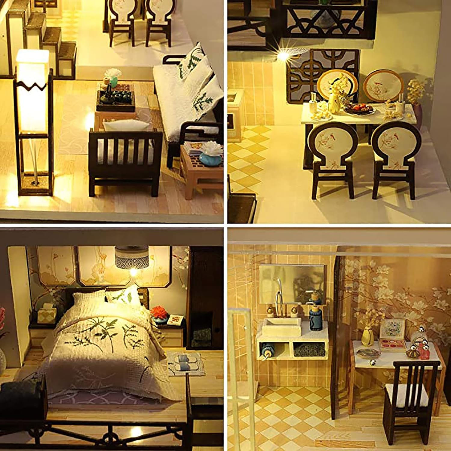 Oriental Serenity: Dark Wood Sofa, Lantern Lights & Golden Kitchen Charm - 1:24 Scale