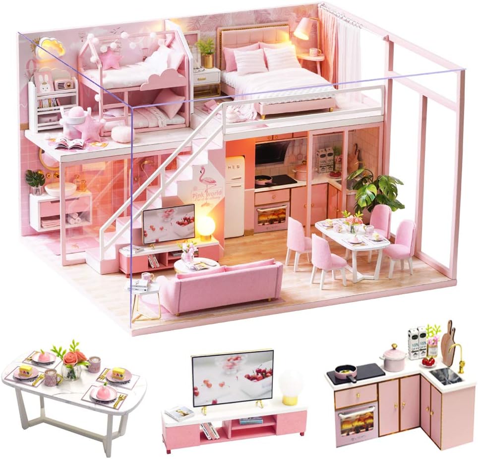 Blush Pink Paradise : Elegant Loft, Chic Kitchen & Dreamy Canopy Bed - 1:24 Scale