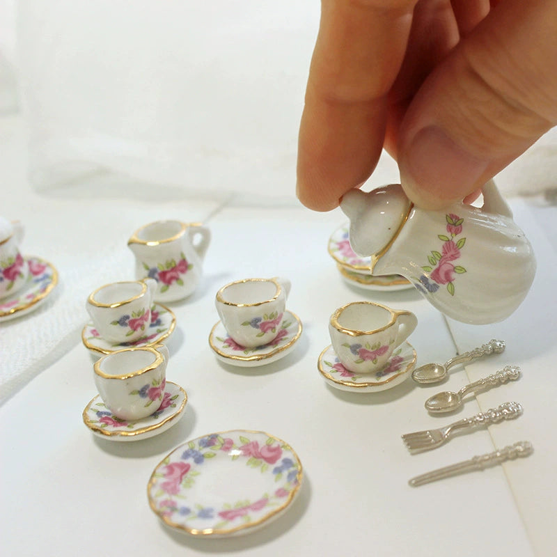 1:12 Scale Miniature Ceramic Tea Set – Dollhouse Accessory