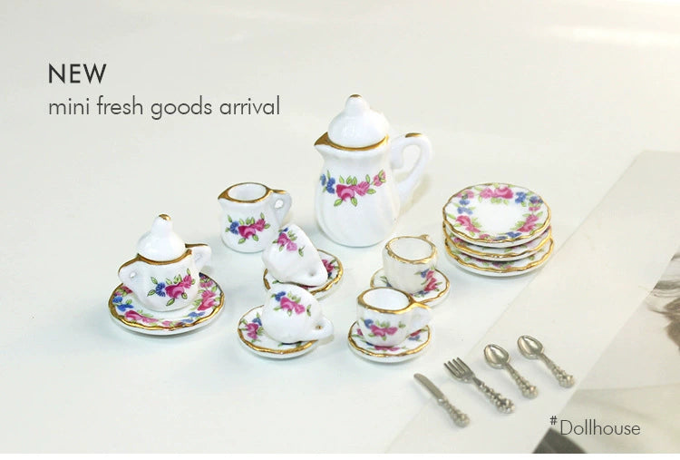 1:12 Scale Miniature Ceramic Tea Set – Dollhouse Accessory