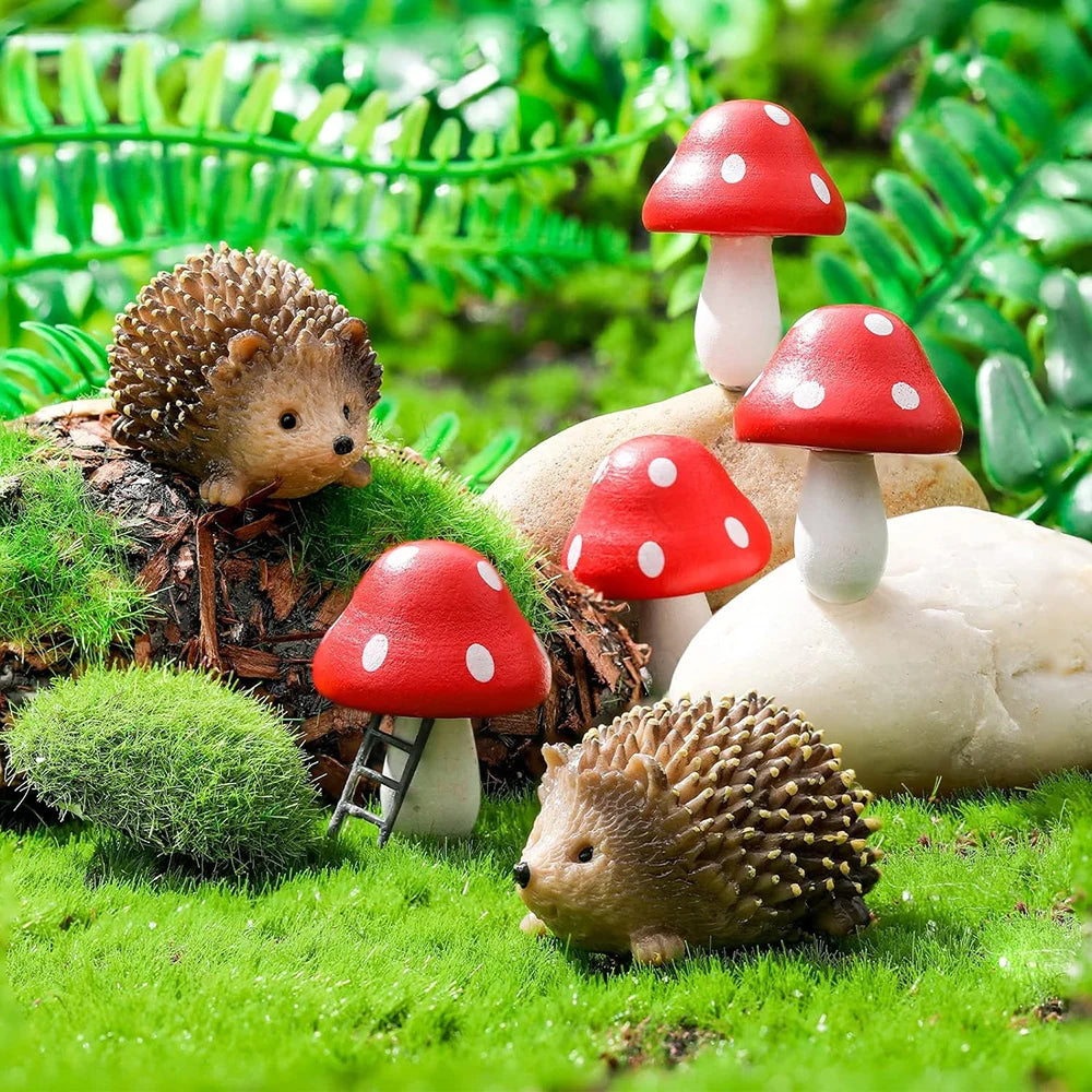 Miniature Hedgehog & Mushroom Resin Garden Accessories