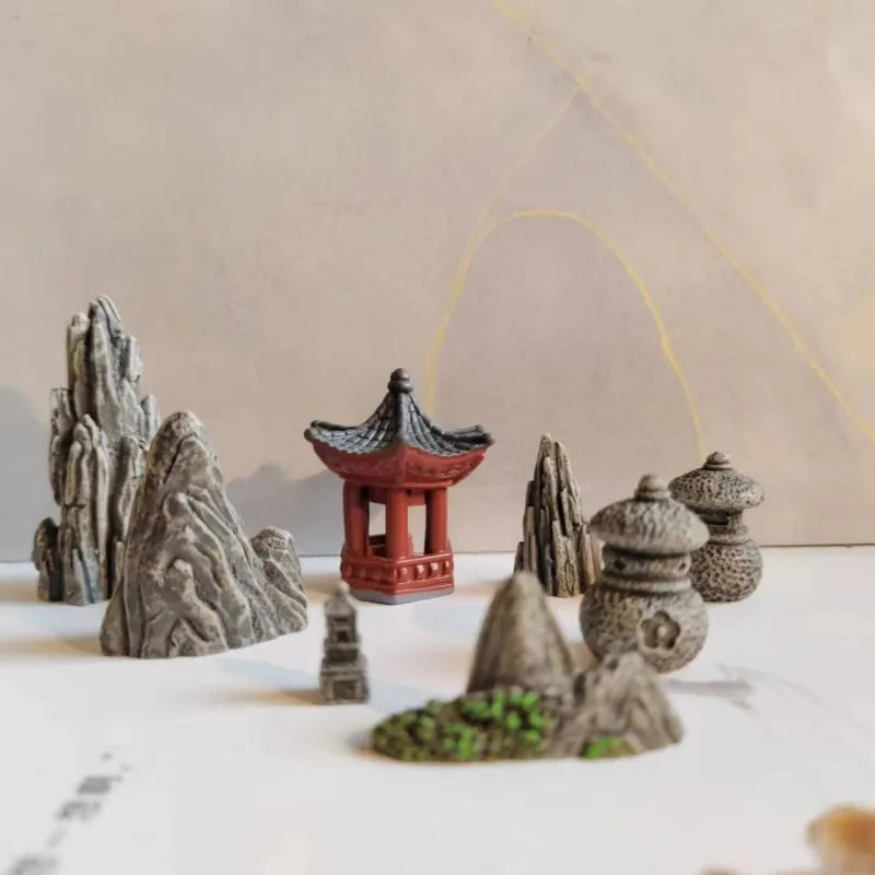 Japanese Pagoda, Stone Lanterns & Chinese Scholar Scene Traditional