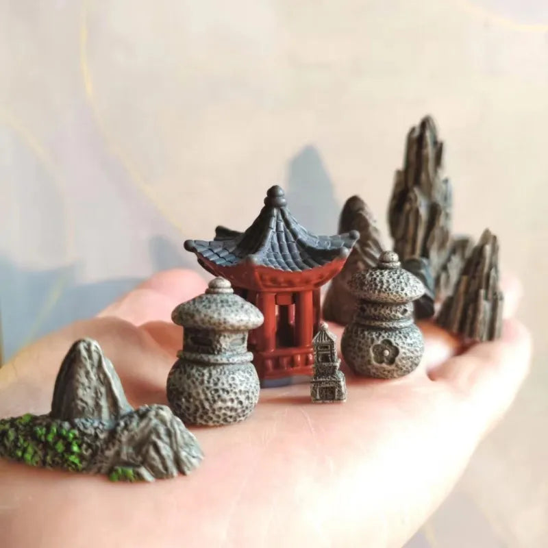 Japanese Pagoda, Stone Lanterns & Chinese Scholar Scene Traditional