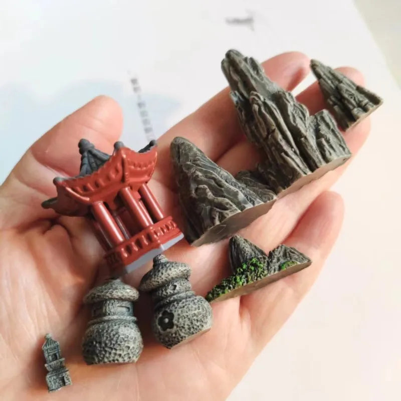 Japanese Pagoda, Stone Lanterns & Chinese Scholar Scene Traditional