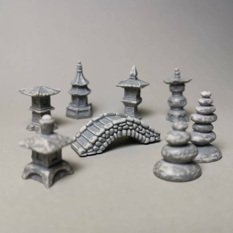 Japanese Pagoda, Stone Lanterns & Chinese Scholar Scene Traditional